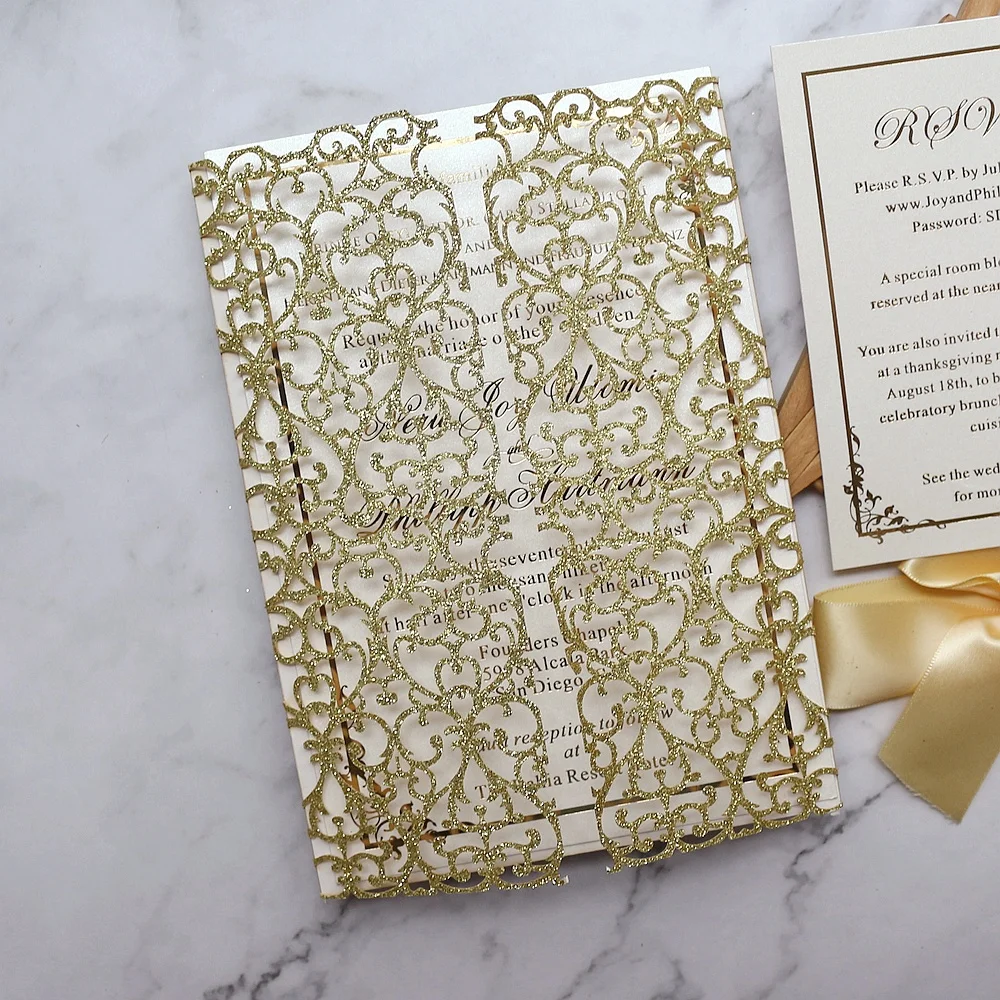 
Personalized Luxury Gold Glitter Lace Laser Cut Wedding Invitations with Jewel and Satin Bow 