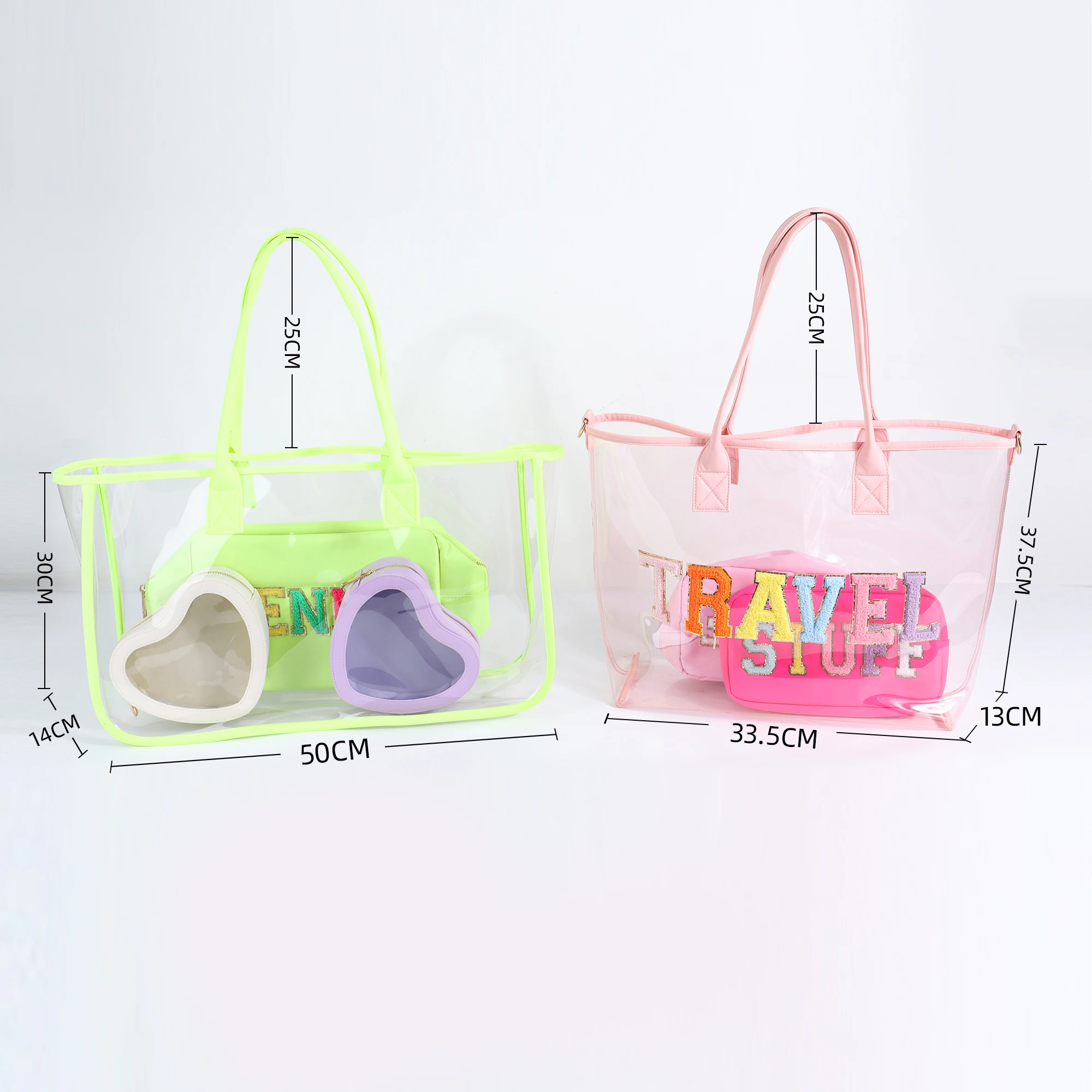 Durable Personalized Chenille Letter Patches DIY Candy Colors PVC Transparent Waterproof Handbag Large Clear Hand Bag Beach Tote