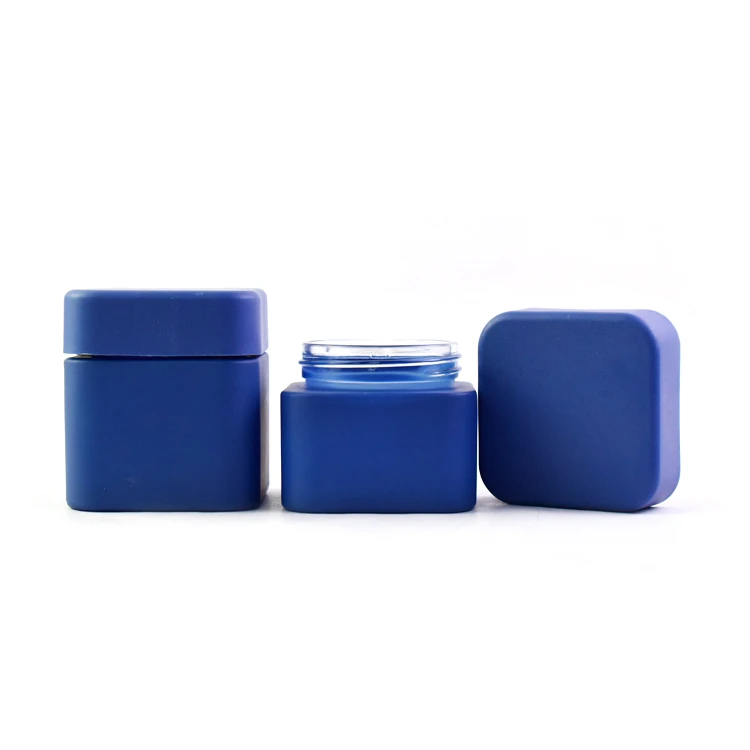 3oz square glass jar frosted cobalt blue matte opaque straight flower smell proof childproof square glass jars storage hot stamp