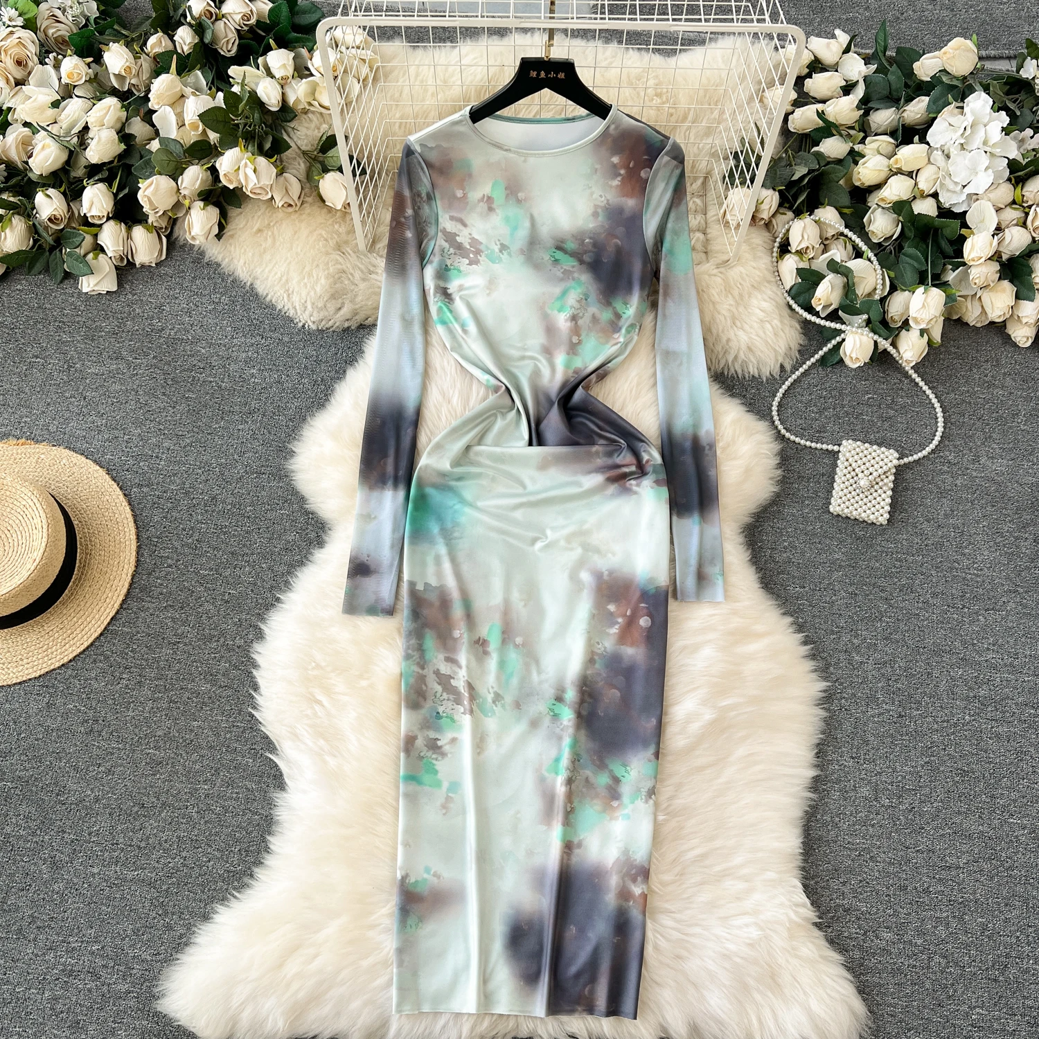 High Quality Autumn Y2K Slim Hip Midi Dress For Women Long Sleeve Empire Printed Lace Dresses Ladies Elegant Dresses