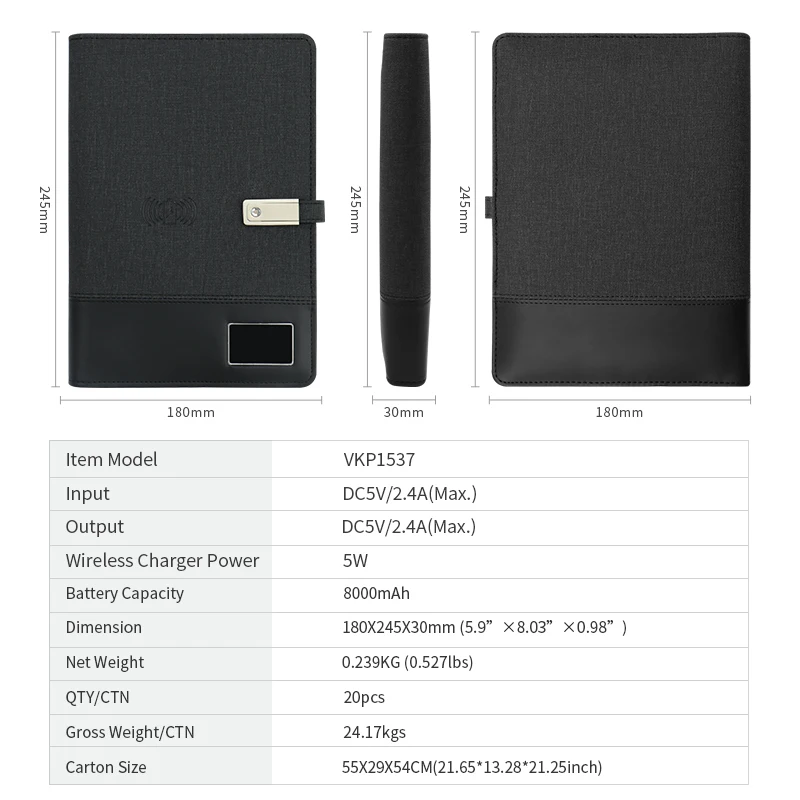 Hotsale Custom LED light up Logo Business Gifts Wireless Charger 8000mAh Battery Power Bank Notebook with Pen Gift Sets