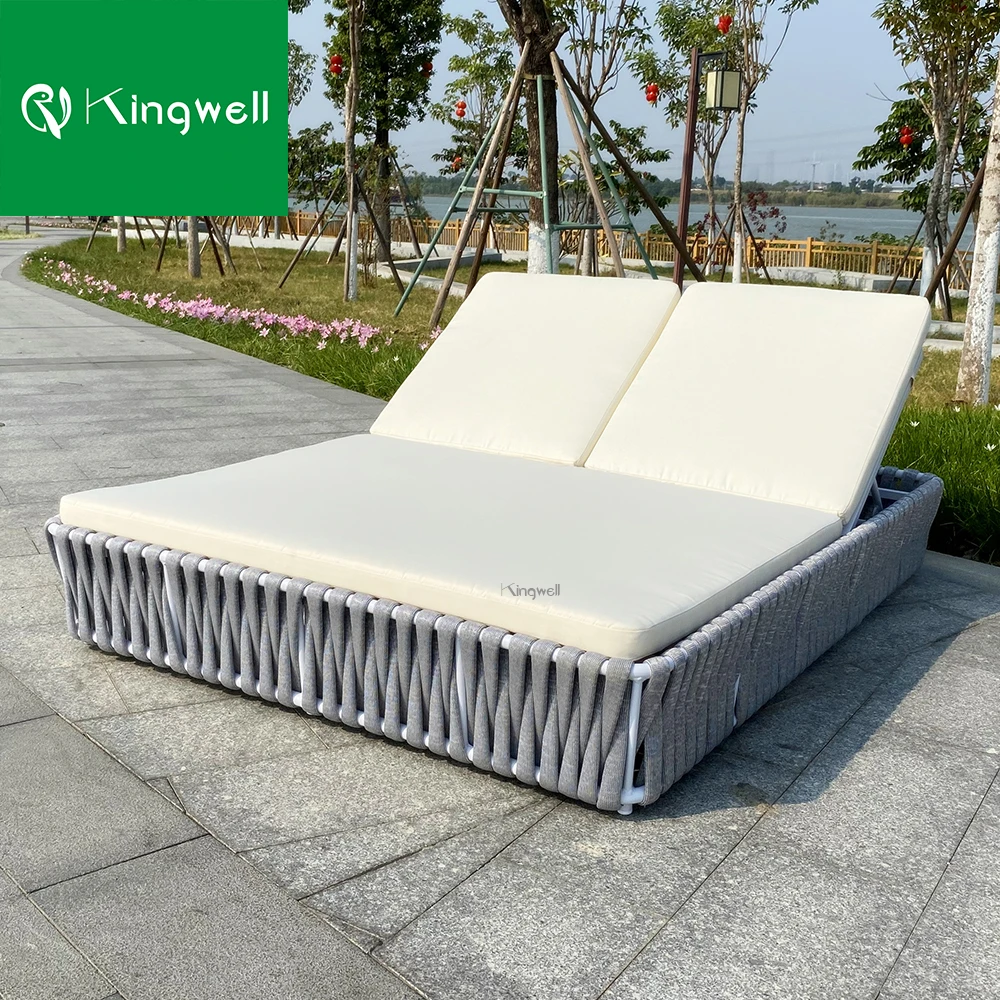 Modern design garden furniture aluminum deck chair hotel patio outdoor rope weaving double sun lounger with wholesale price