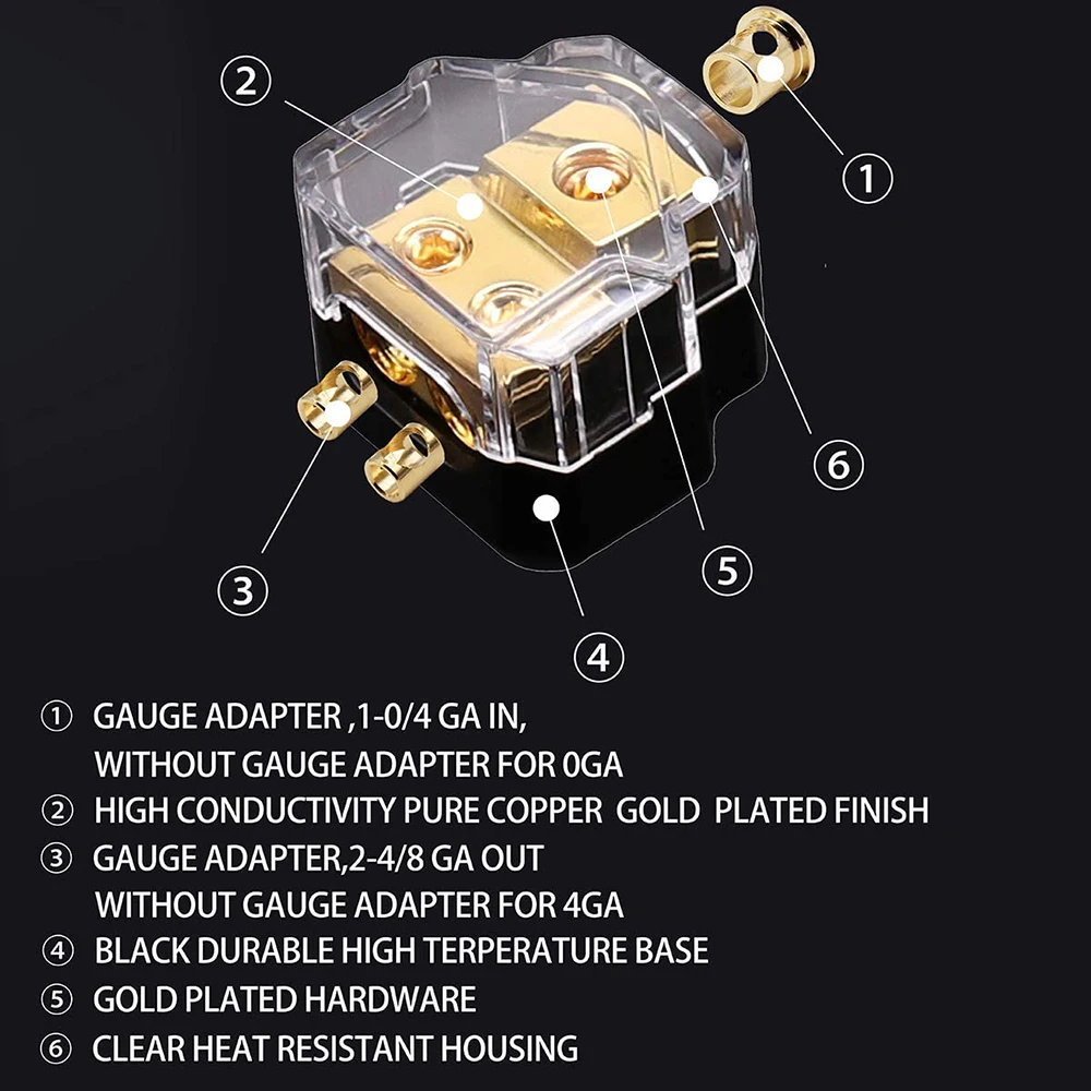 2 Way  Copper Power Distribution Block for Car Audio 0/2/4 Gauge in 4/8 Gauge out Splitter Components Power Fuse Block