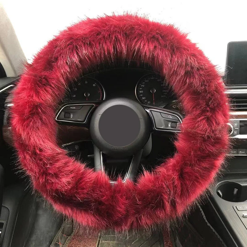 China Wholesale Winter Pure Wool Steering Wheel Cover Car Fur Leather Plush Three-Piece Soft Warm Steering Wheel Pink Cover Car
