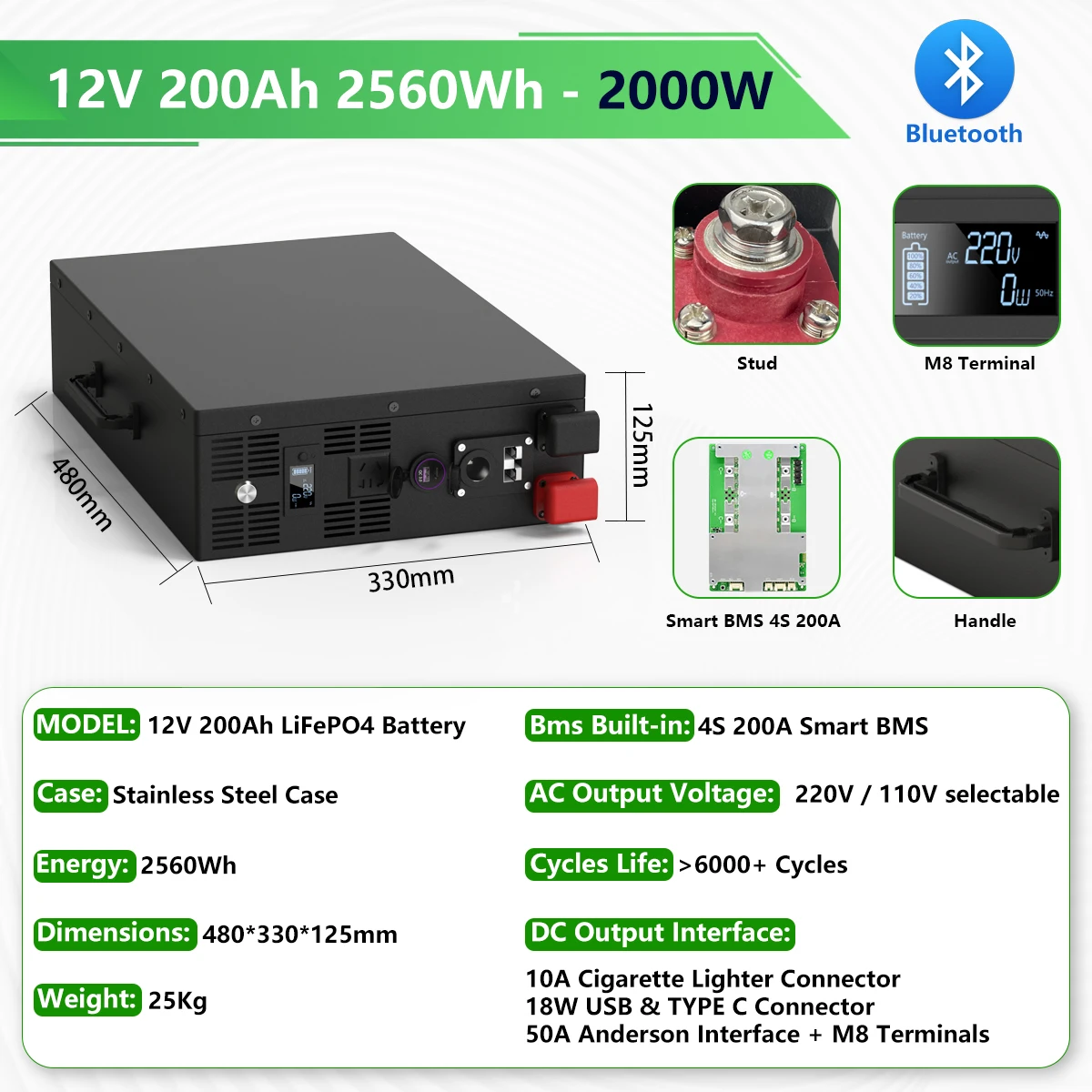 CERRNSS Bluetooth 1500 Вт 2000 DC-AC портативный аккумулятор солнечной энергии 24 В 100Ah Lifepo4 литий-ионный 12 200ah