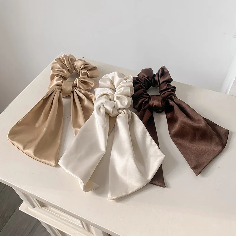 New Arrival Fashion Sweet Satin Silk Scrunchy Hair Ties For Women Vintage Pure Color Bow Knot Long Ribbon Hair Scrunchies