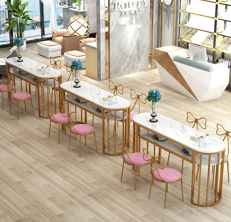 Nail Salon Furniture Rectangular Metal Leg Nail Desk Nail Salon Station Manicure Table With Chair