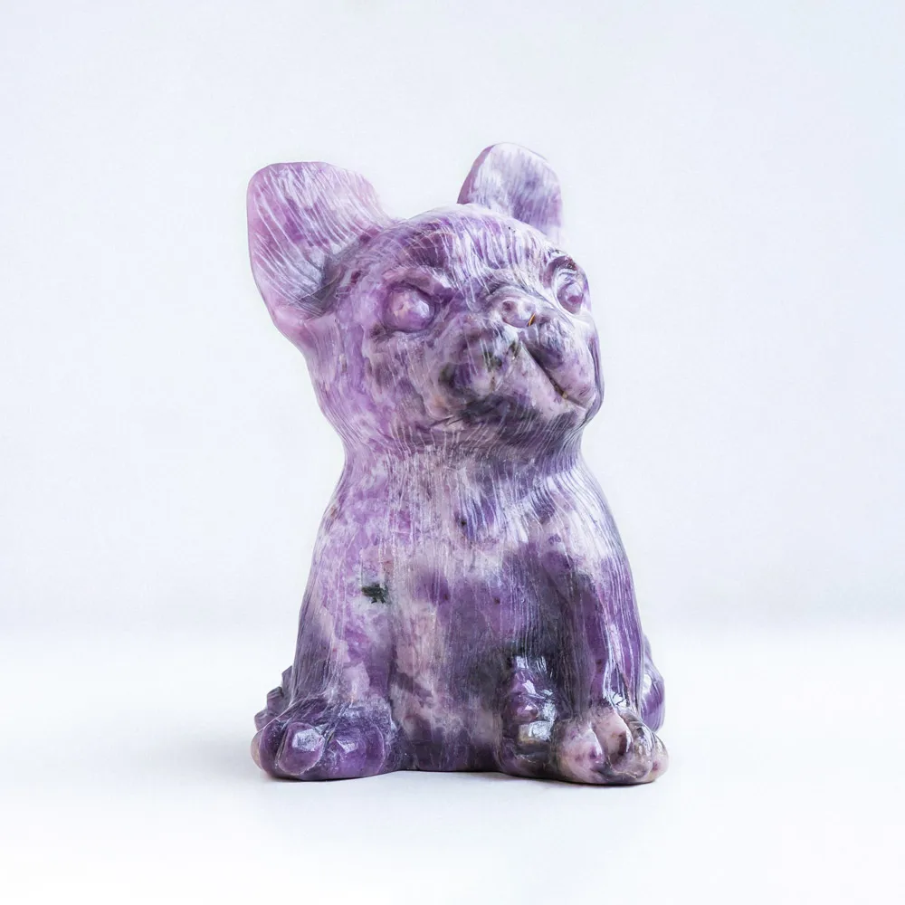 Wholesale Home Decoration Crystal Carving Animal Lepidolite Natural Gemstone French Bull Dog Crystal Crafts