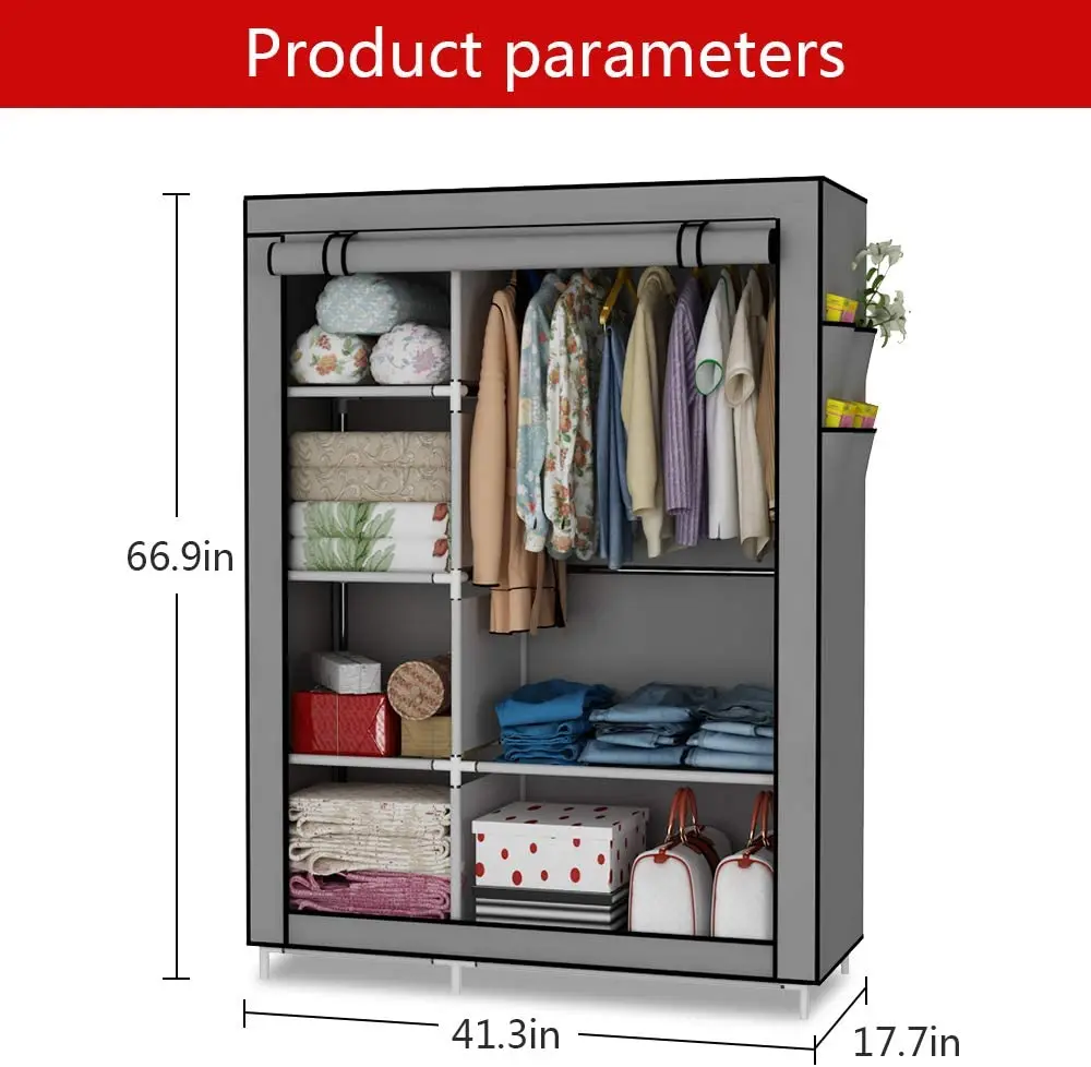 
Closet Organizer Wardrobe Clothes Storage Shelves, Non-Woven Fabric Cover with Side Pockets,41.3 x 17.7 x 66.9 inches,Grey 