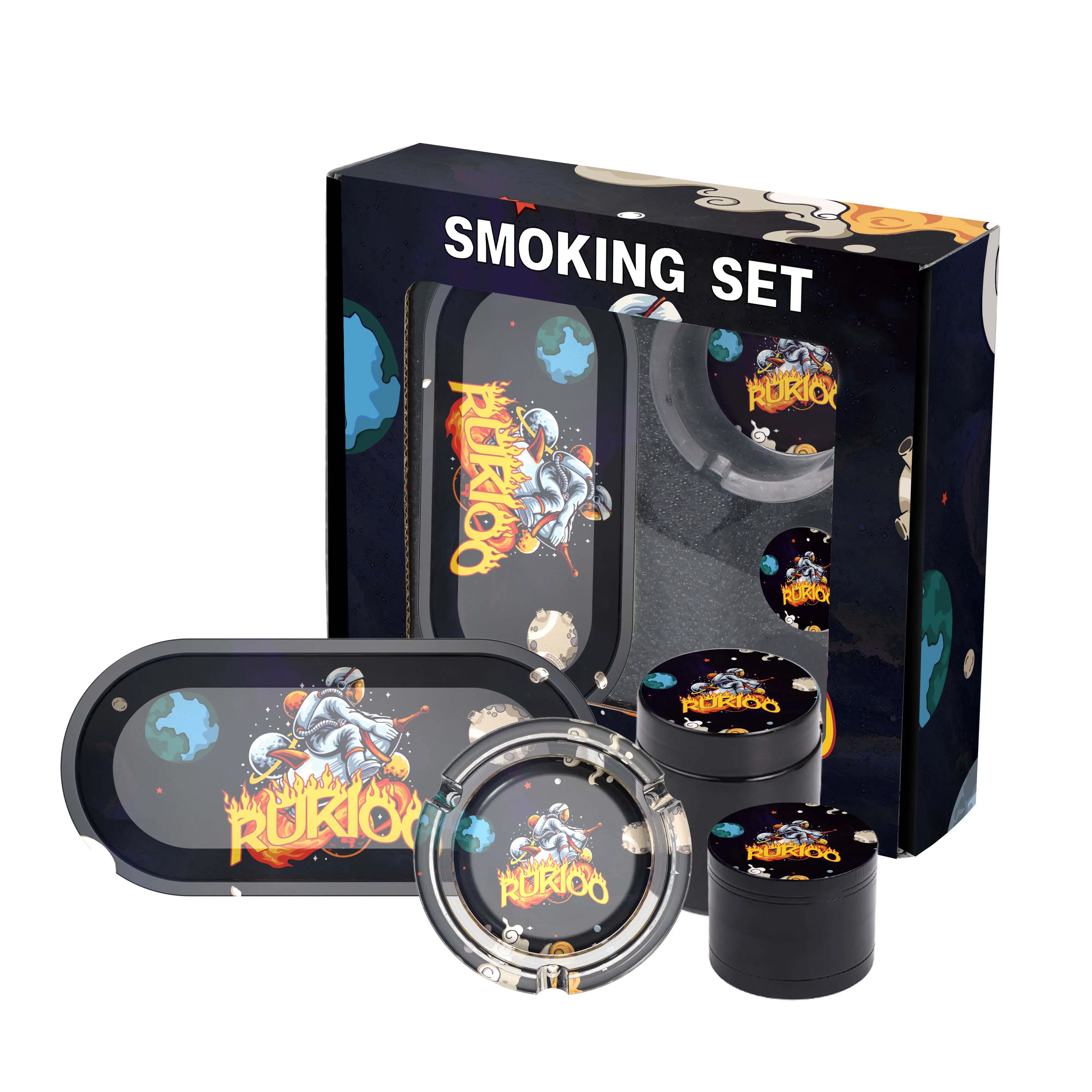Glass Ashtray Rolling Tray Metal Grinder Tobacco Jar Box All in One Smoking Set Tobacci Accessories Kit