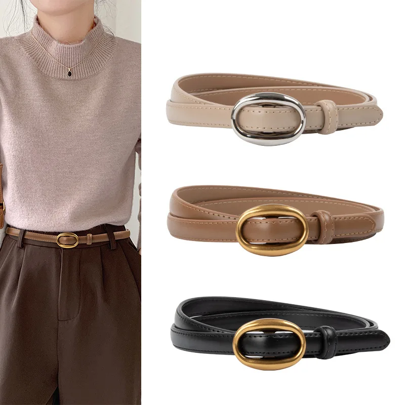 Stylish Versatile Oval Metal Buckle Leather 1.4cm Jeans Waist Belt for Dress and Daily Wearing