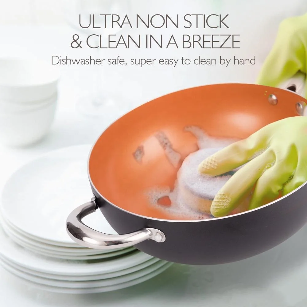 5 Quart Nonstick Copper Ceramic Wok and Stir Fry Pans With Lid, Frying Basket & Steam Rack