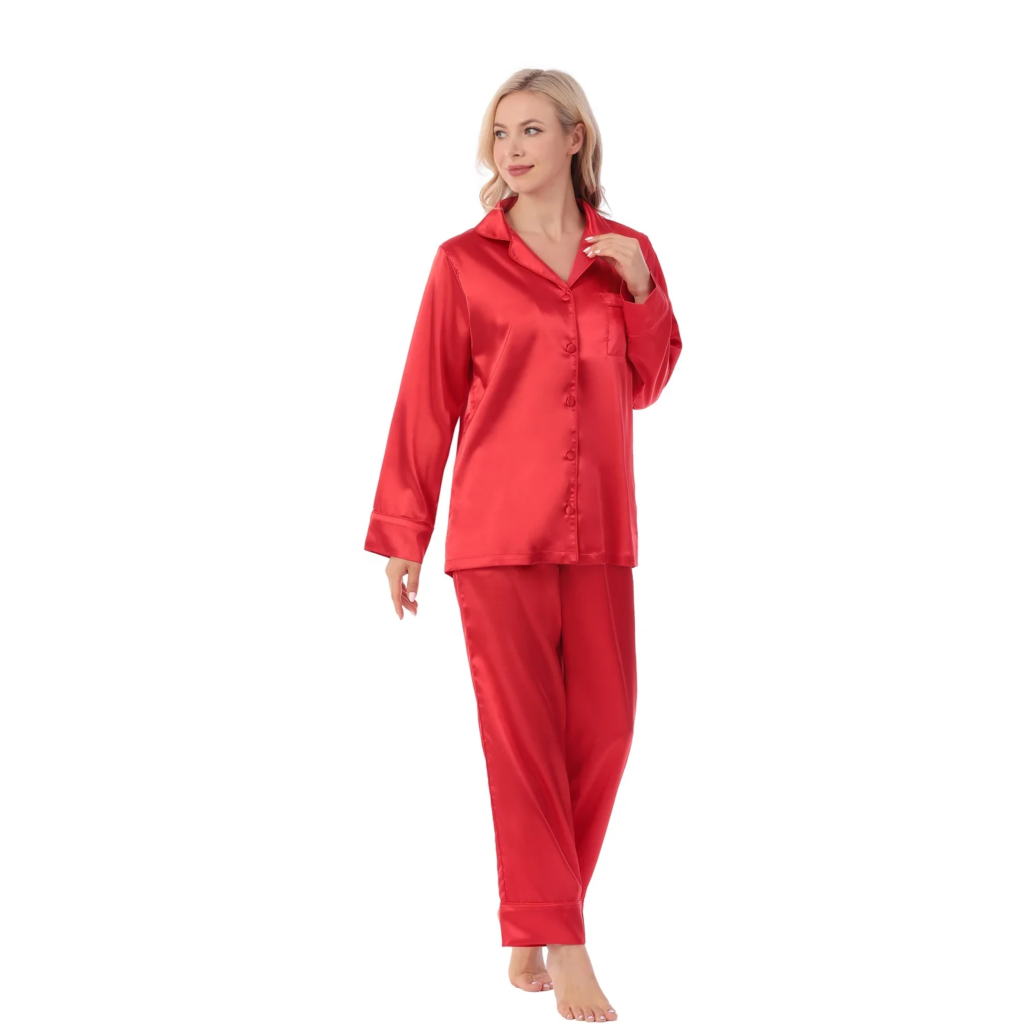 New Style Women Silk Satin Long Sleeve Pajamas Set with Same Color Piping and Buttons