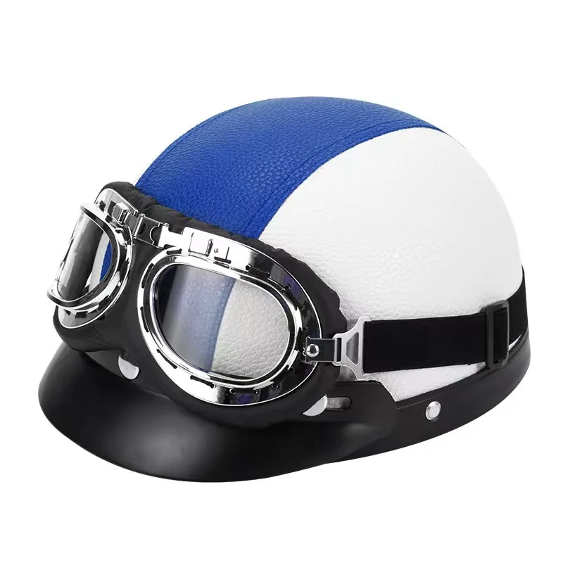 Motor Synthetic Leather Vintage Motorcycle Motorbike Scooter Helmets with Goggles