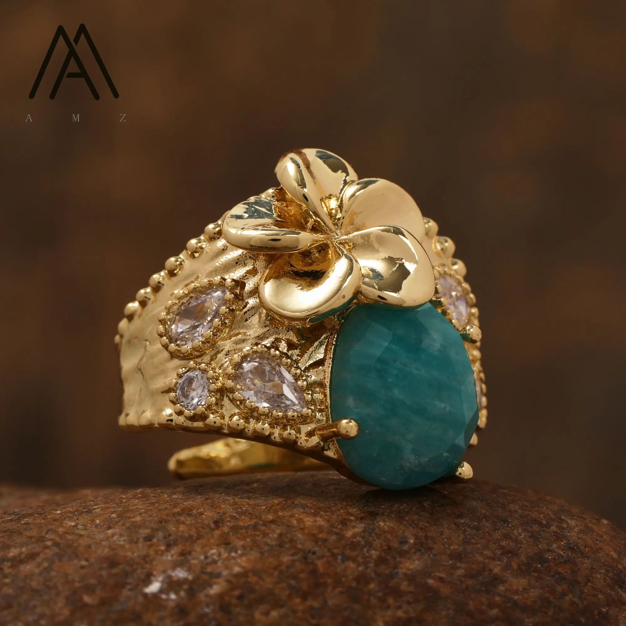 Floral-Framed Gemstone Ring with American Diamond Setting Fashionable Jewelry