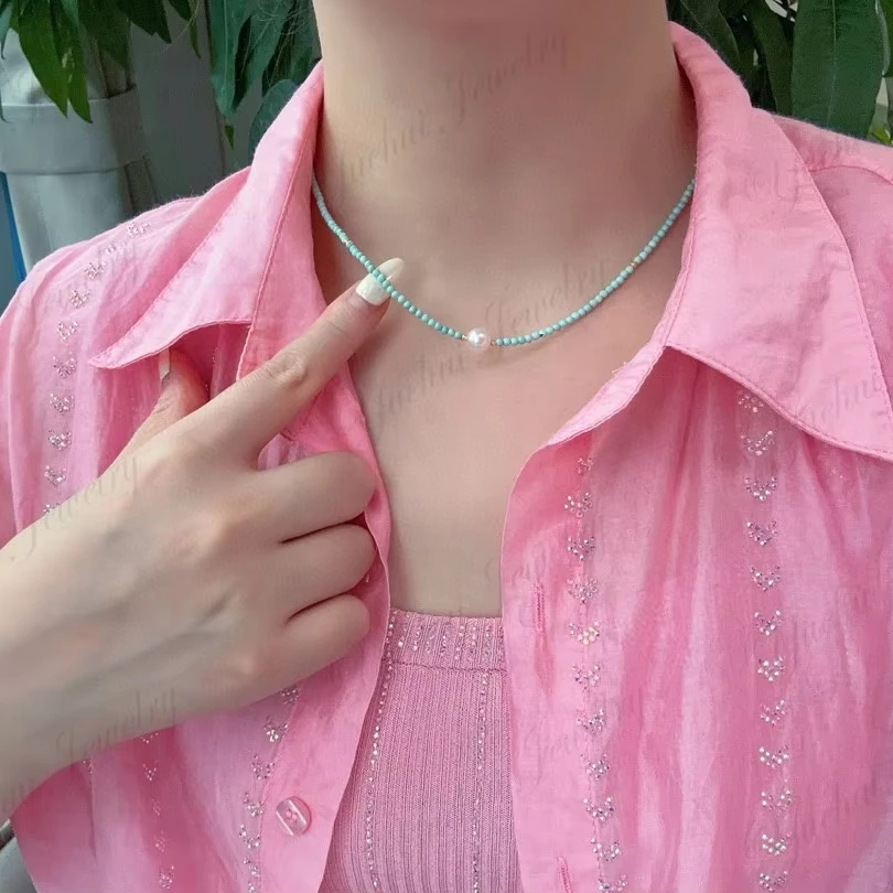 fashion jewelry bohemian style round flat turquoise long chain18k gold initial necklace 7-7.5mm akoya pearl for women