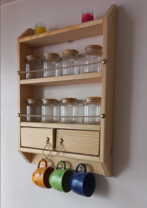 W63 Wooden Spice Rack Shelf with Drawer, Essential Oil Rack, Wooden Kitchen Organization