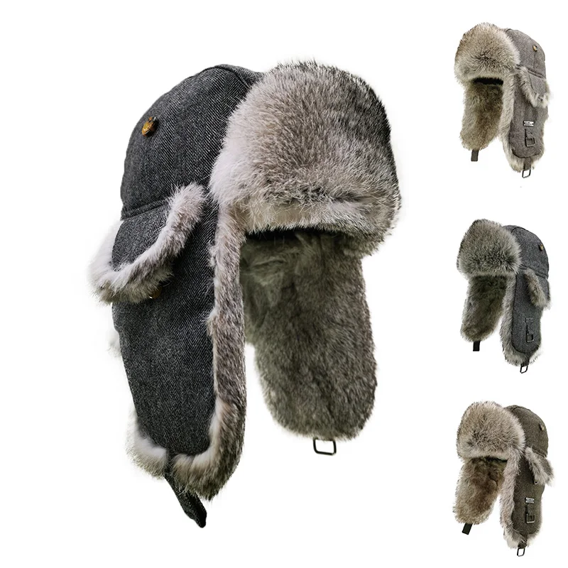 Hot Selling Herringbone Tweed Custom Adjustable Real Rabbit Fur Gray Earflap Trooper Hat