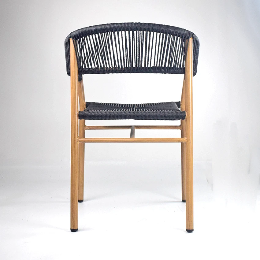 Black Aluminum Restaurant Cafe Chair Natural Woven Rattan Dining Seat for Patio Garden Hall Villa School Workshop