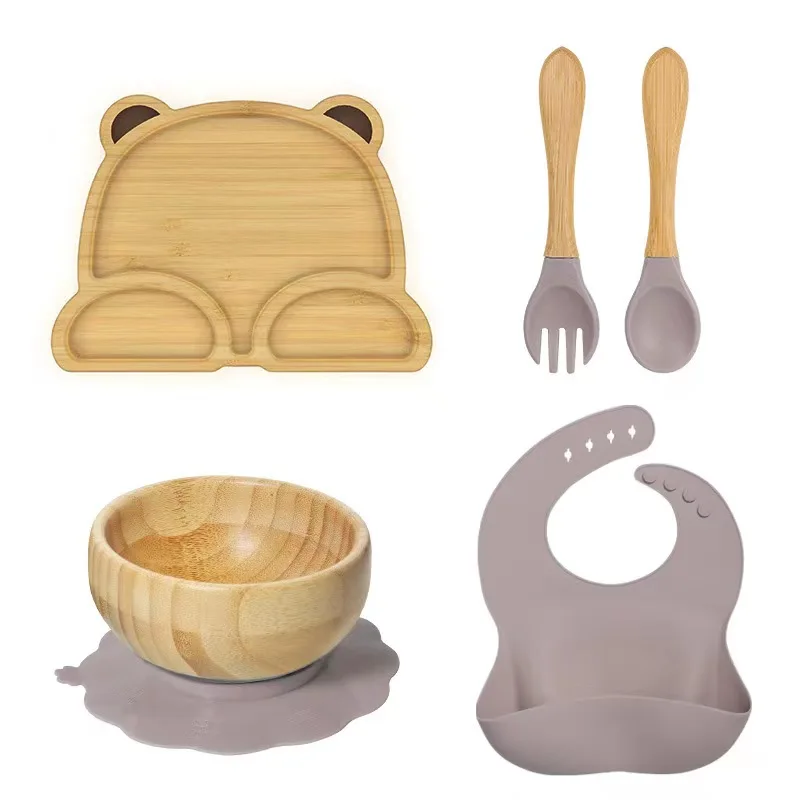 Hot Sale Bamboo Suction Plate Silicone Baby Tableware BPA Free Animal Baby Feeding Set With Spoon Fork