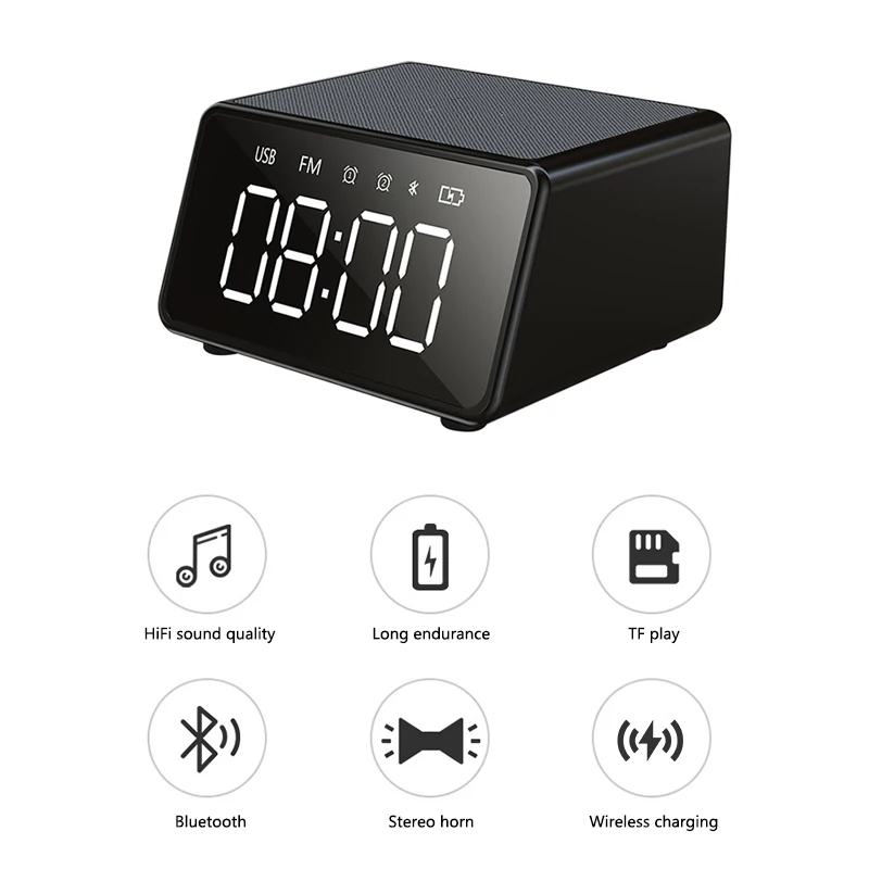 2021 wireless charger speaker usb mini portable large capacity battery BT speaker with alarm clock