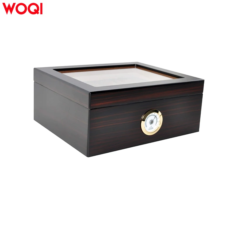 WOQI Handcrafted Glossy Cedar Wood Lined Large Capacity Cigar Box with Hygrometer Elegant Genre Humidors