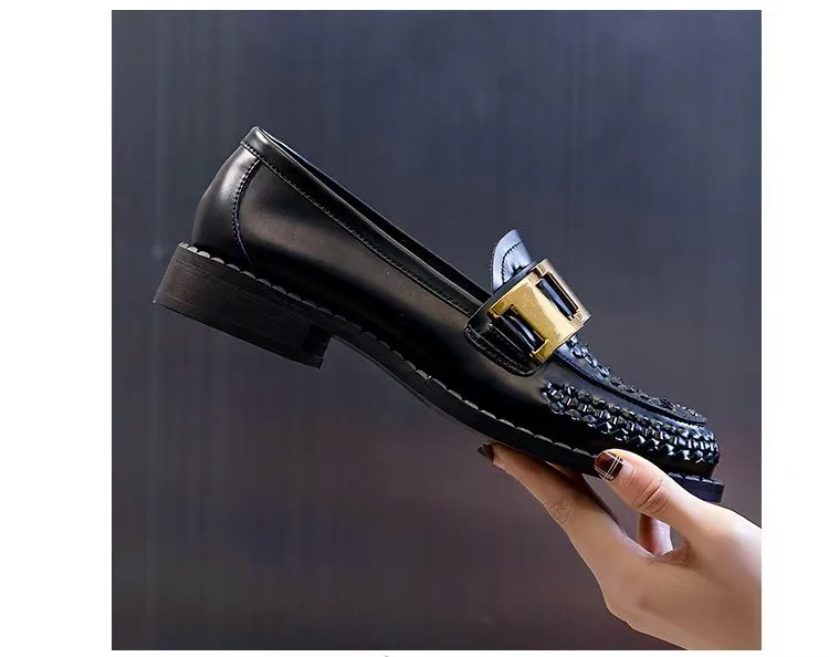 New Arrival Women Dress Leather Sole Shoes Chunky Heel Fashion Round Toe Leather Shoes