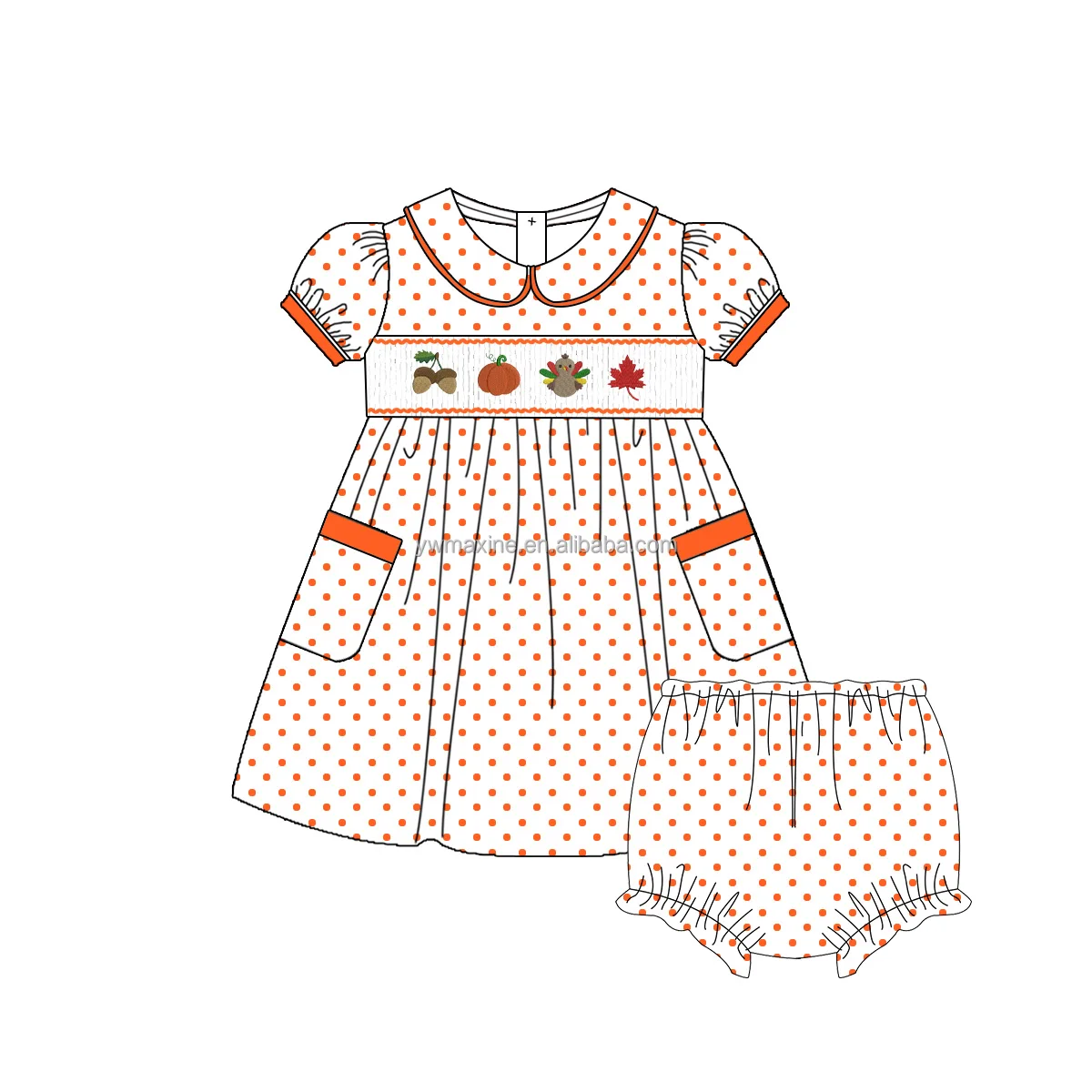 Thanksgiving infant smocked clothing ruffles puff sleeve dress turkey French Knot smocking heart pocket girls outfits for fall