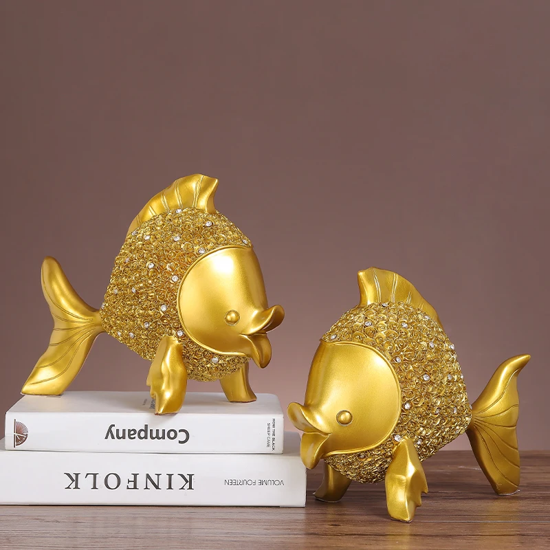 New trendy items unique house hold item living room homedecoration modern golden luxury diamond-studded resin 3D goldfish