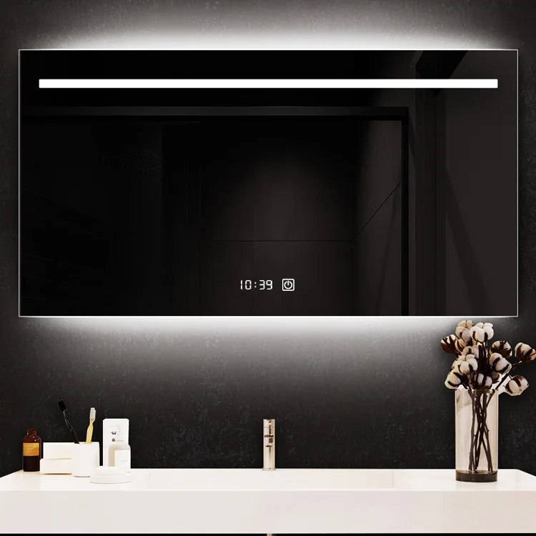 hotel bathroom vanity mirror design magic digital snooze alarm clock  table clock make-up glass tv mirror with led lighting