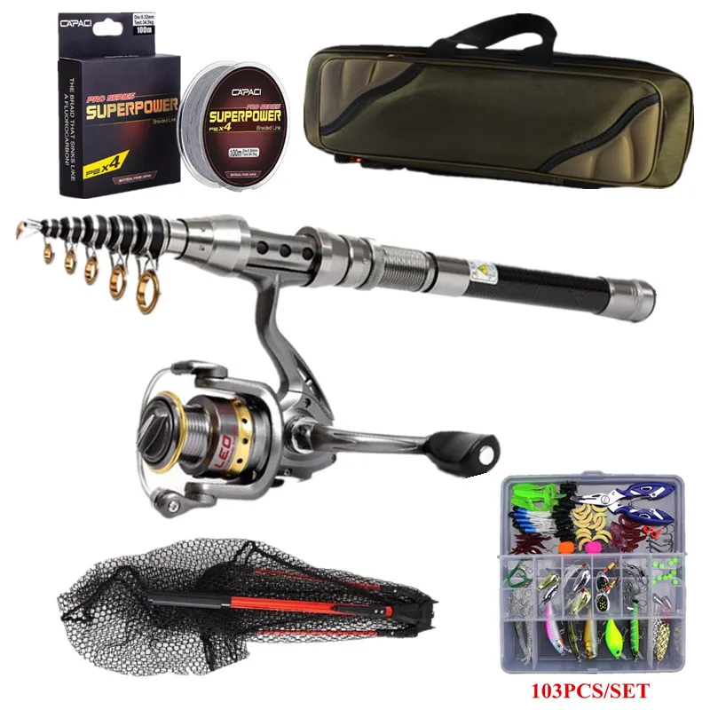 wholesale portable Telescopic Fishing Combo Kit Set Rod + Reel Line Lure Hook Net Fishing Gear Adult Beginners Fishing Tools