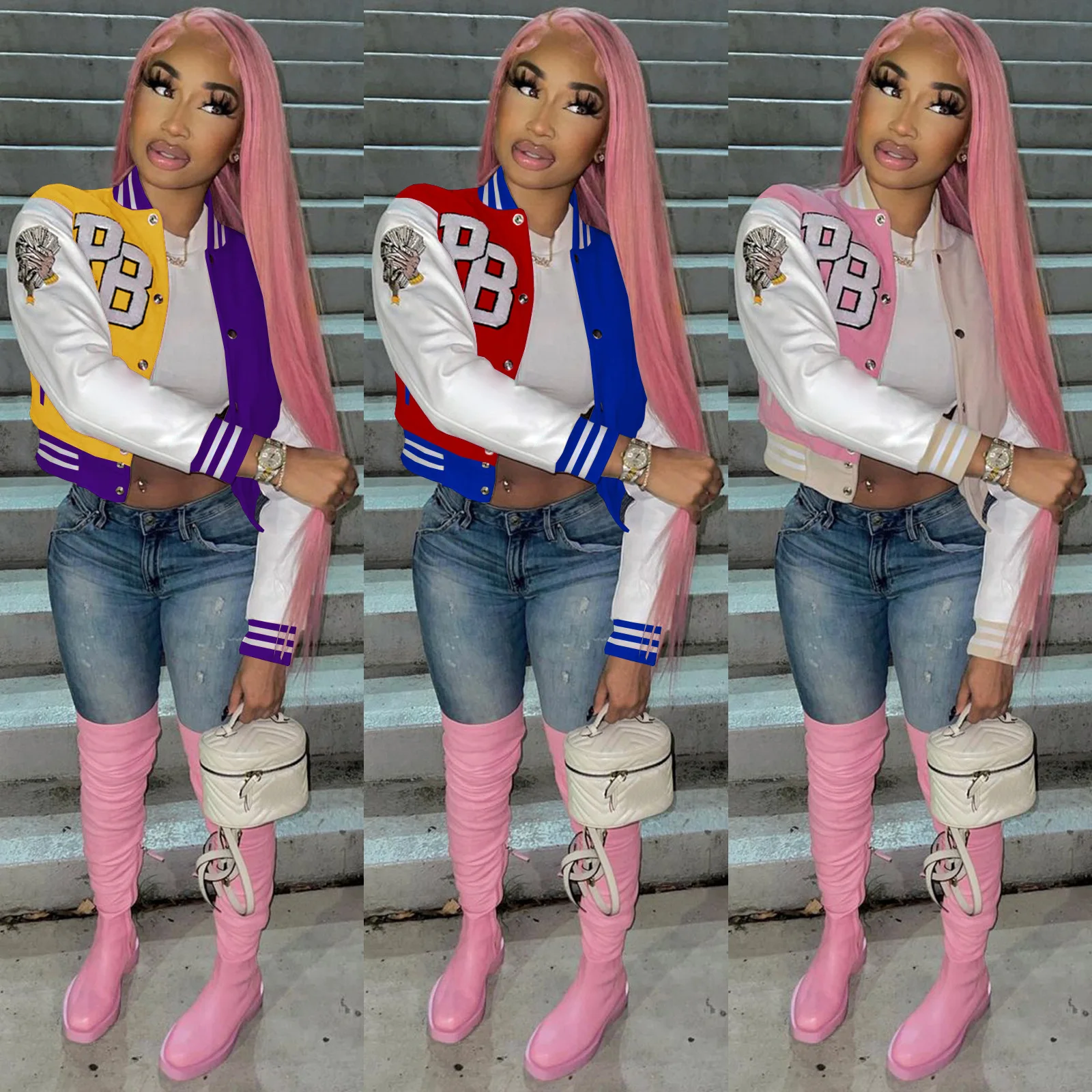 Fall Women Clothes Fashion Coat Wholesale Letterman Crop Bomber Baseball Leather Varsity Jacket