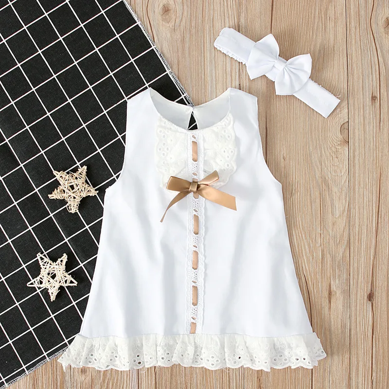 
2pcs Hot Sale Newborn Baby Girls Sleeveless Birthday Dress With Headband White Lace Bowknot Skirts Tutu Dress 