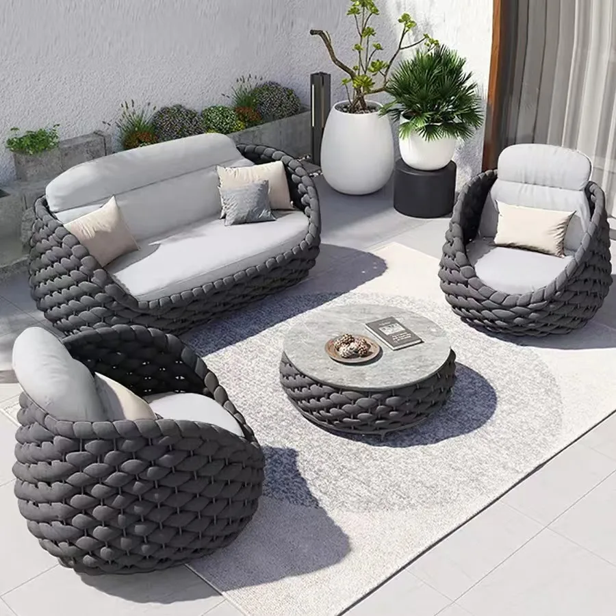 Outdoor Furniture Rattan Wicker Sofa Patio Luxury Design Waterproof Fabric Garden Rope Set