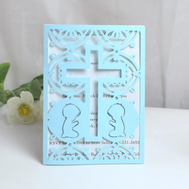Christian cross design laser cut boy baptismal invitation cards wrap for first communion decoration
