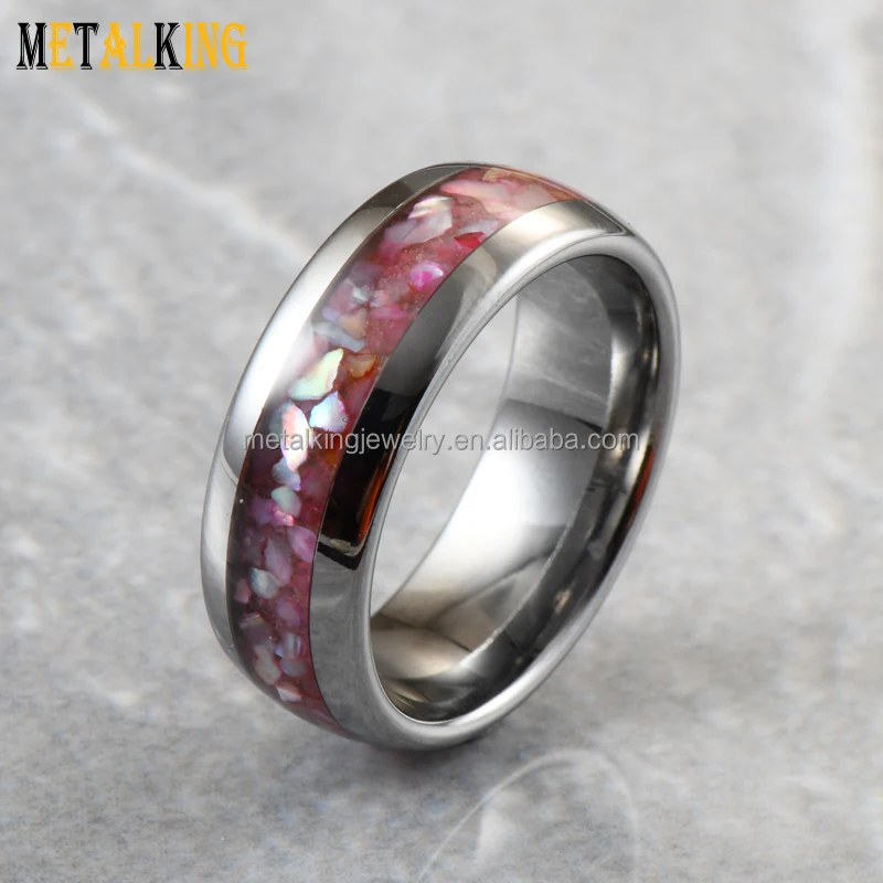 8mm Red Glowing Materials and Abalone Shell Inlay Silver Tungsten Wedding Rings for Men and Women  Band Glows at Night