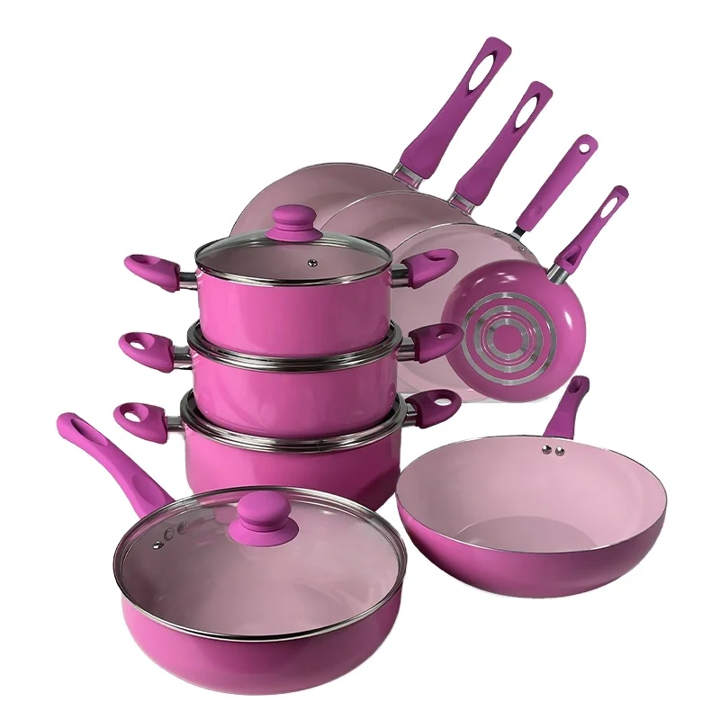 OEM Factory New Design Pink Aluminum Pot Set Cookware Oil Smoke Free Frying Pan And Non Stick Set