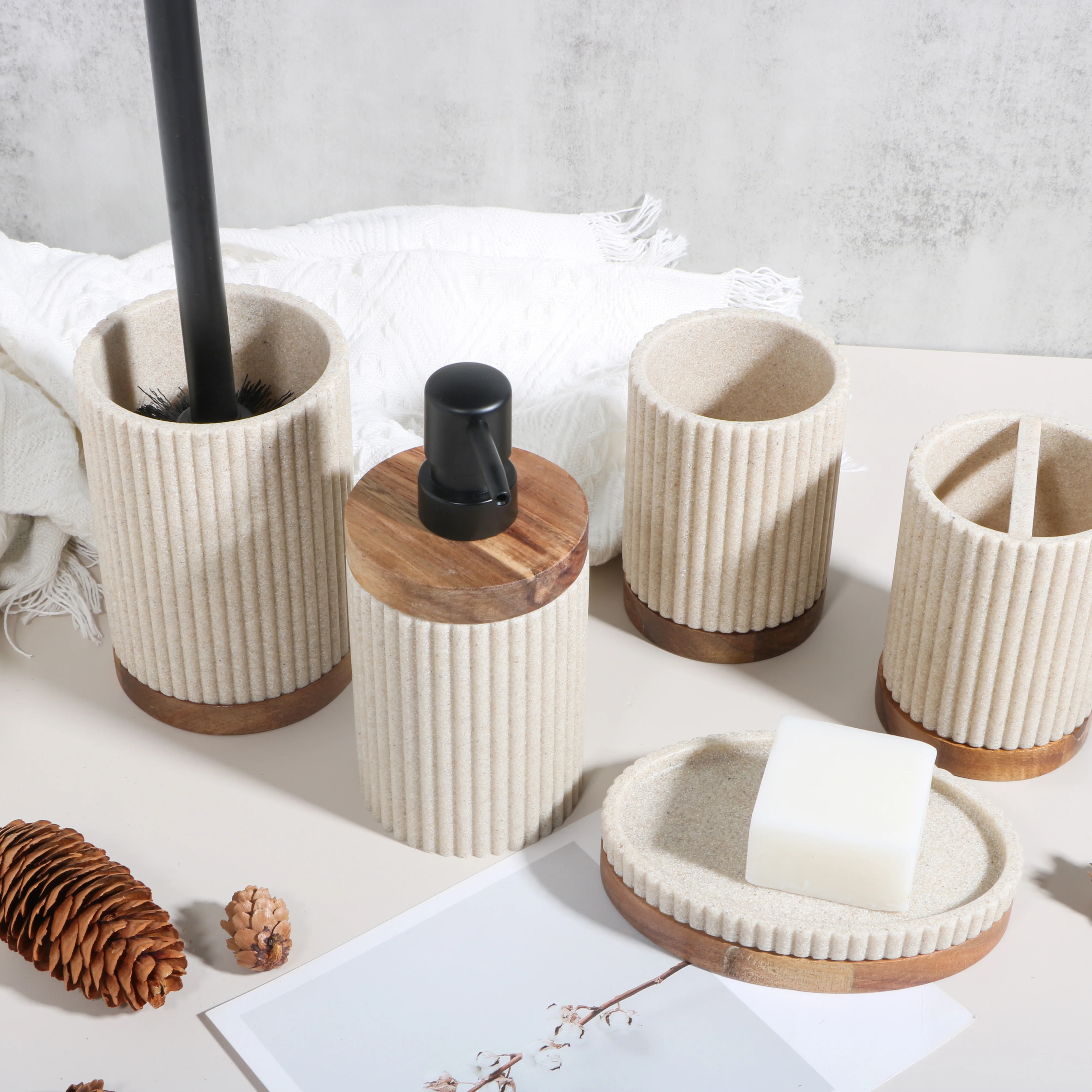 resin bath set bamboo bathroom decor polyresin bathroom accessory set with wood lid