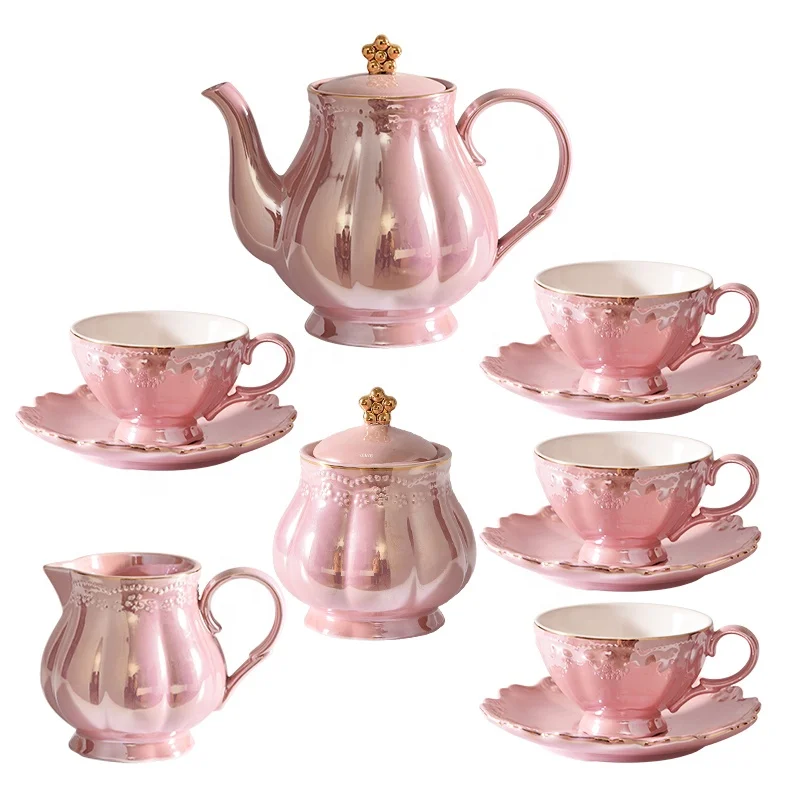 Royal Design Pink Color Drinkware Gold Rim Ceramic Coffee Mug Saucer Pot Set Custom Tea Cup Set