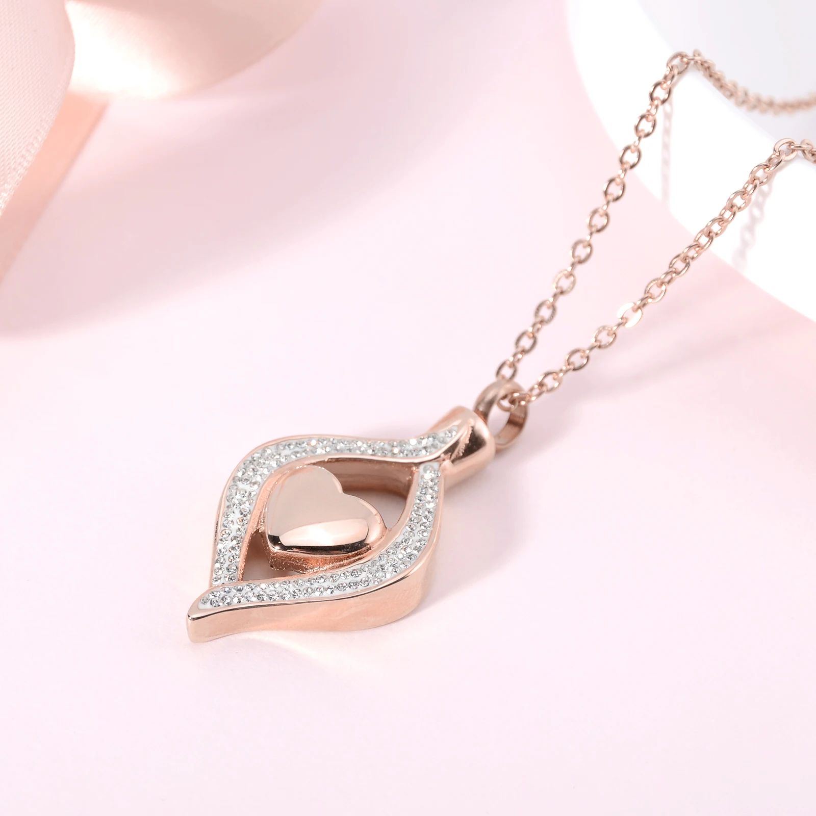 Crystal Pave Heart Stainless Steel Cremation Urn Locket Necklace Pendant