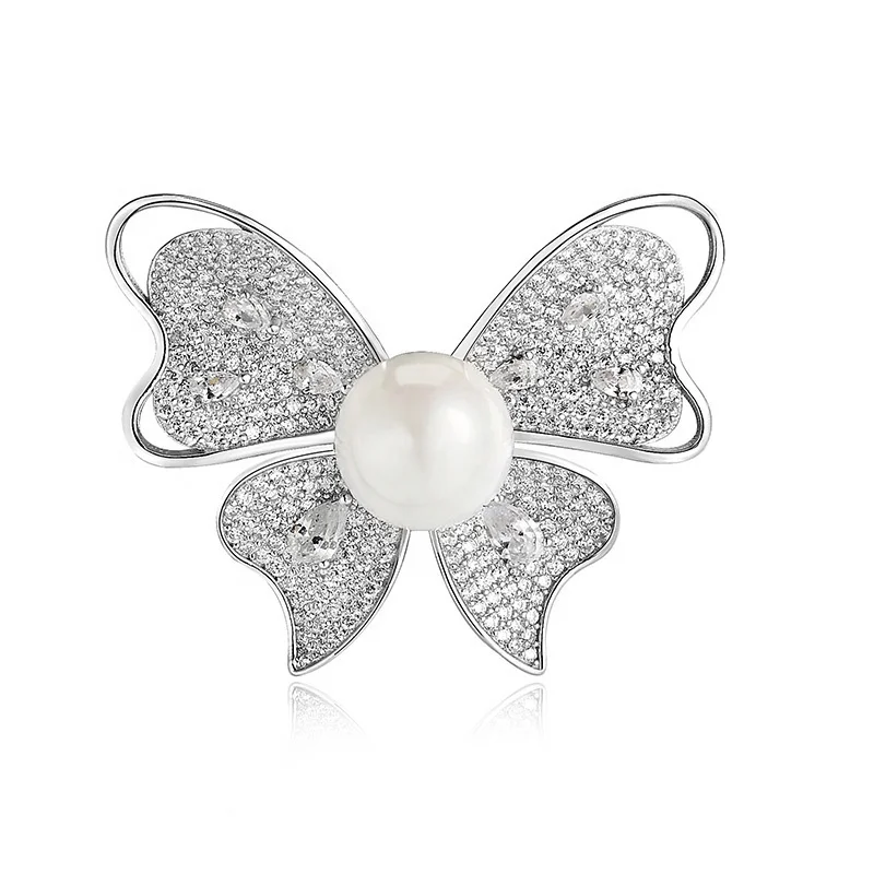New luxury fashion fine jewelry silver custom animal zircon pearls butterfly pins brooches for women