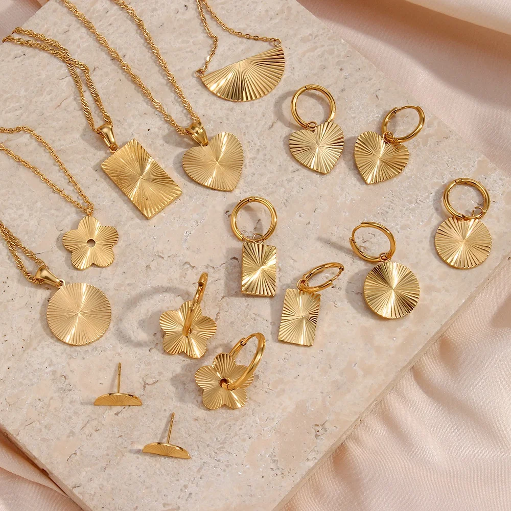 CWN Gold Shiny Radiating Line Round Rectangle Heart Flower Geometric Semicircle Pendant Necklace Earring Jewelry Set for Women