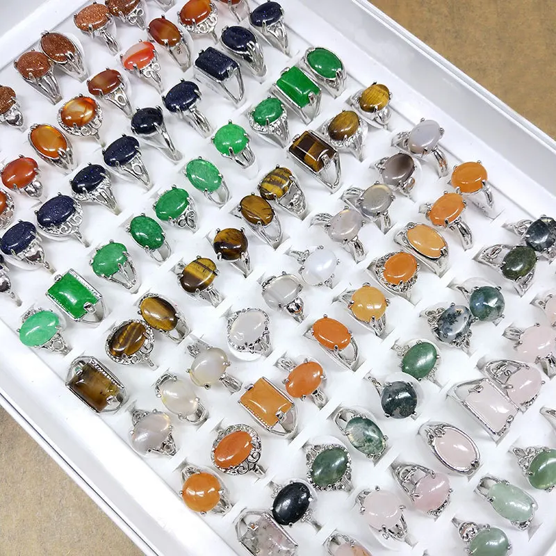 Factory Price Cheap Hot sale Natural Gemstone Cubic Zirconia Crystal Rings Fashion Women Jewelry Mix Colors Agate Eye Jade