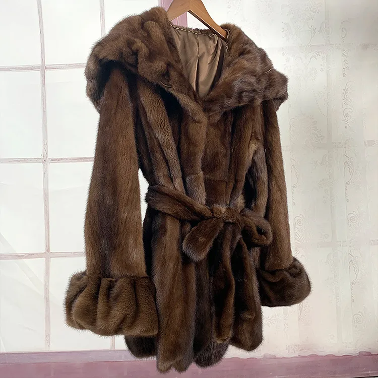 Women Big Hood Winter Real Mink Fur Coat Warm Soft Vintage Clothes Plus Size Scallop Hem Jacket Genuine Natural Fur Mink Coats