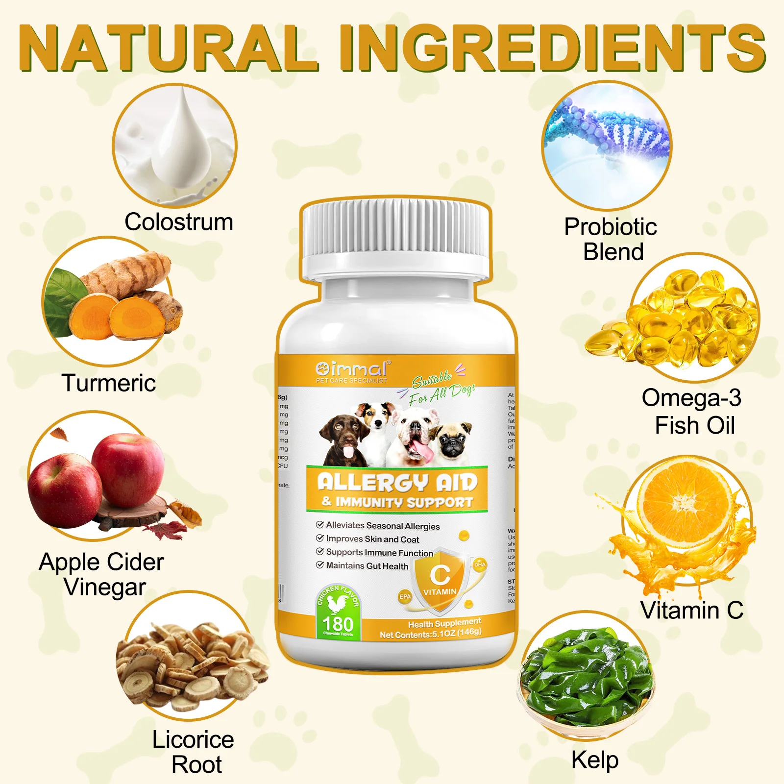 OIMMAI alleviates seasonal food allergies improves skin dog allergy relief chews colostrum tablet pet chewable allergy tablets