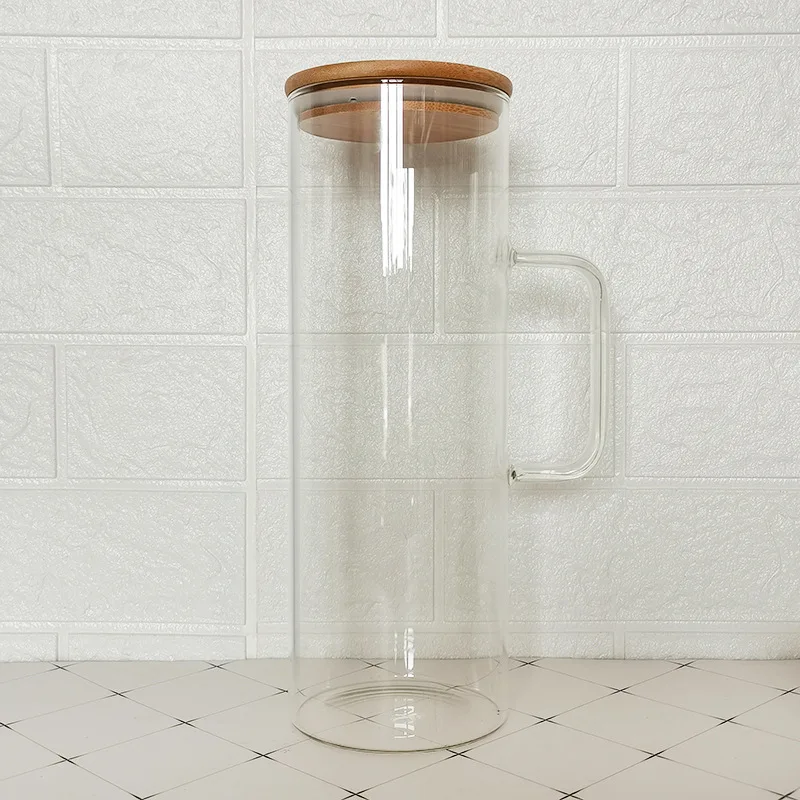 Glass storage tank with handle Spaghetti storage container with bamboo lid sealed transparent glass grain storage box