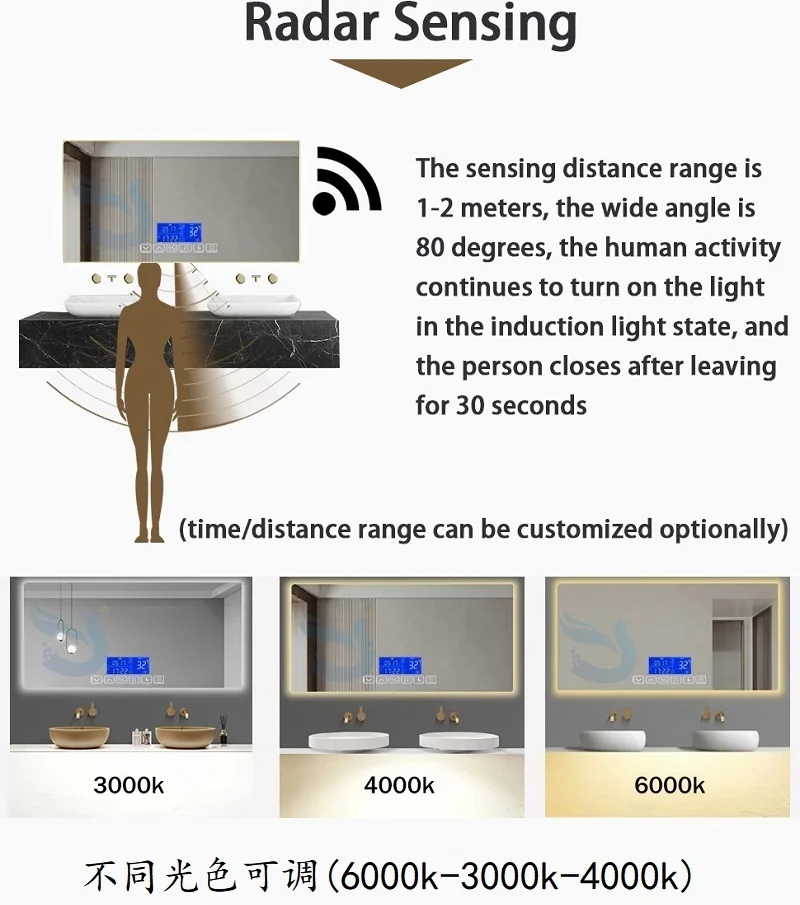 Six Button Bluetooth Radar Sensing Time Temperature Bathroom Mirror Dimmer Switch Led Light Mirror Touch Sensor Switch
