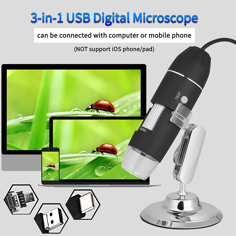 Цифровой микроскоп 3 в 1 с 1600-кратным увеличением подключением к USB для телефонов Android и компьютеров