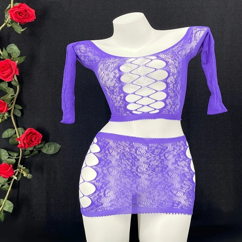 New Arrival Sexy Bodysuit Plus Size Sheer Nylon Bodystockings 2 Pieces Off Shoulder Long Sleeve Body Stockings Top+ Skirt Set