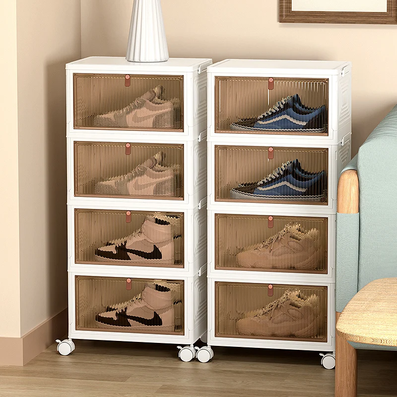 Modern Magnetic Drop Front Foldable Shoe Storage Box Free Assembly Plastic Shoe Organizer Cabinet with Wheels
